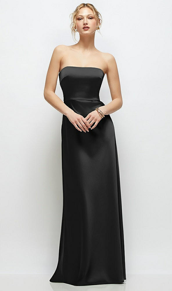 Front View - Black Strapless A-Line Stretch Satin Maxi Dress