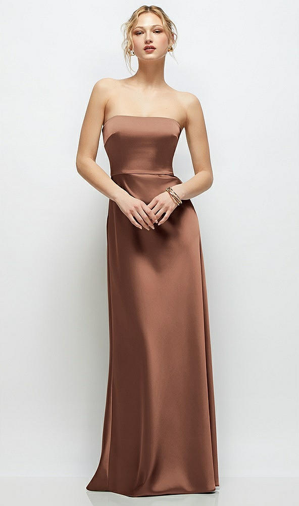 Front View - Cognac Strapless A-Line Stretch Satin Maxi Dress