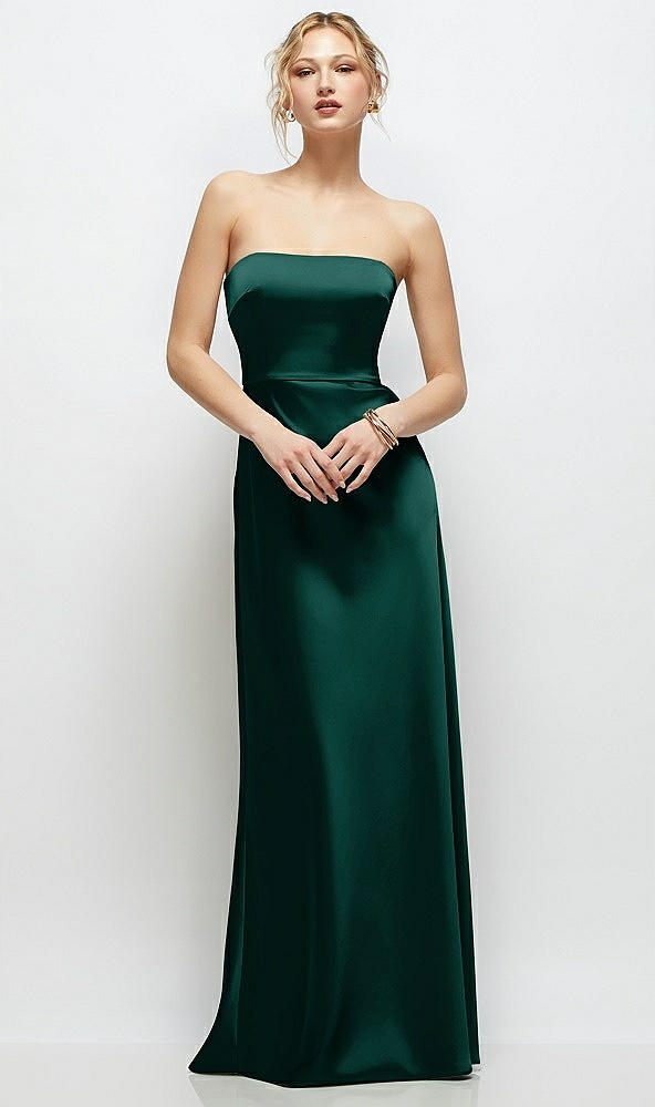 Front View - Evergreen Strapless A-Line Stretch Satin Maxi Dress