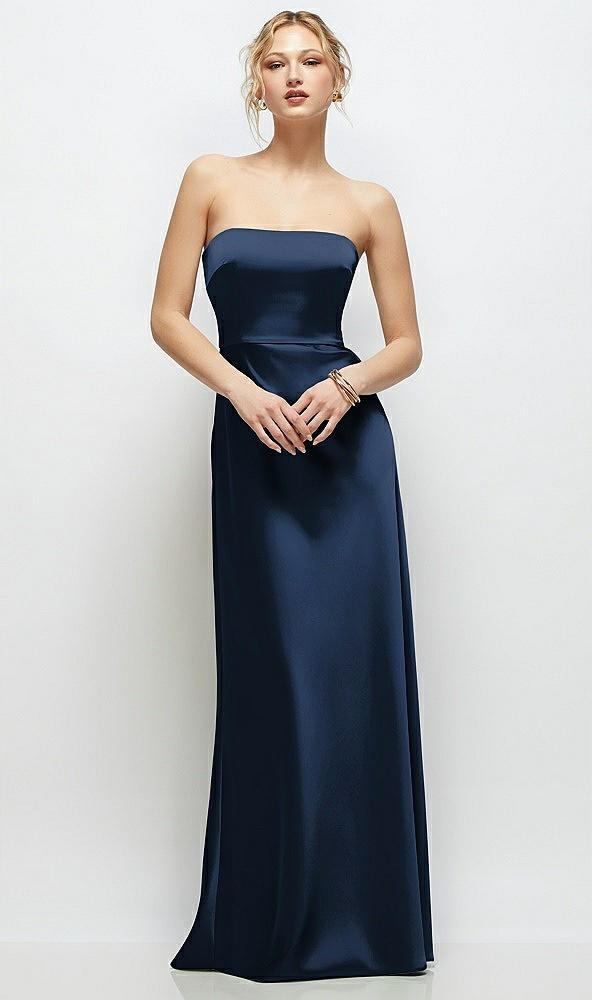 Front View - Midnight Navy Strapless A-Line Stretch Satin Maxi Dress