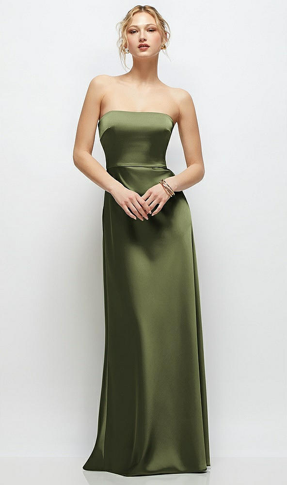 Front View - Olive Green Strapless A-Line Stretch Satin Maxi Dress