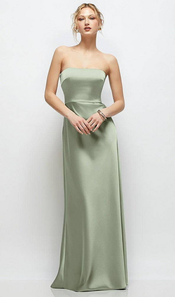 Front View - Sage Strapless A-Line Stretch Satin Maxi Dress