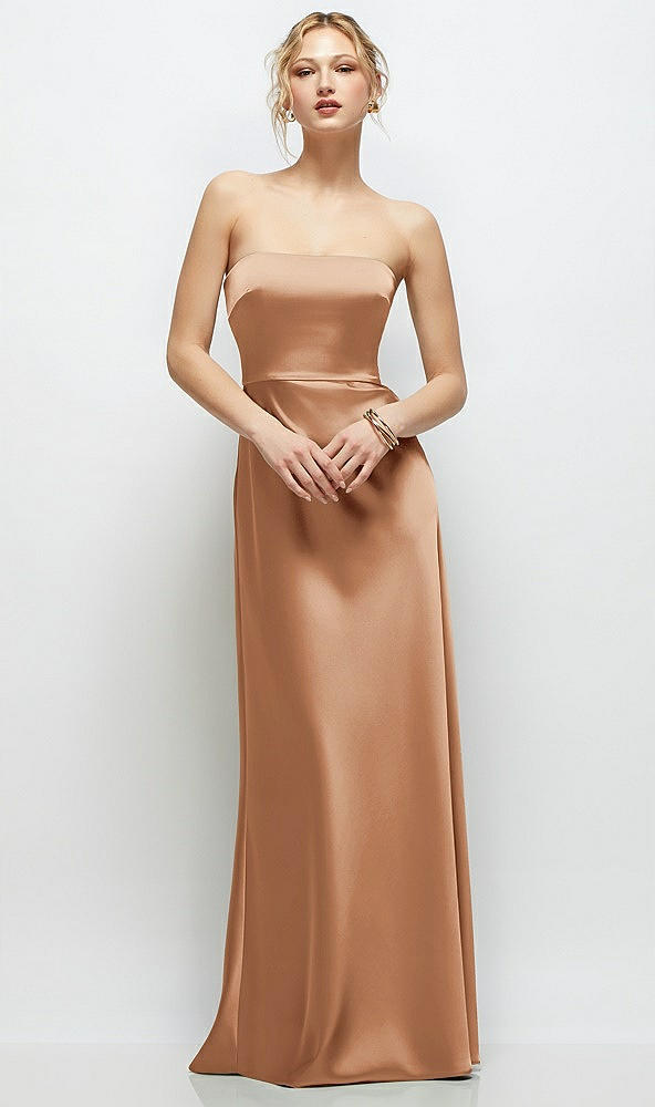Front View - Toffee Strapless A-Line Stretch Satin Maxi Dress