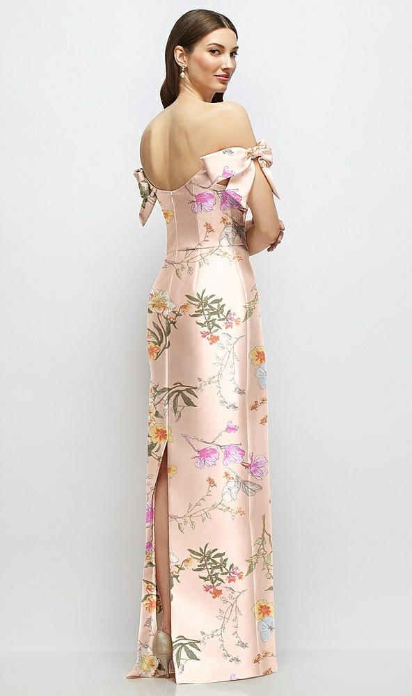 Back View - Butterfly Botanica Pink Sand Basque-Neck Floral Satin Column Maxi Dress with Off-the-Shoulder Bows