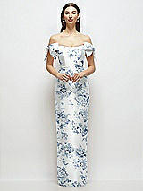 Front View Thumbnail - Cottage Rose Larkspur Basque-Neck Floral Satin Column Maxi Dress with Off-the-Shoulder Bows