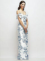 Side View Thumbnail - Cottage Rose Larkspur Basque-Neck Floral Satin Column Maxi Dress with Off-the-Shoulder Bows