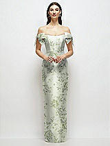 Front View Thumbnail - Sage Cottage Rose Basque-Neck Floral Satin Column Maxi Dress with Off-the-Shoulder Bows