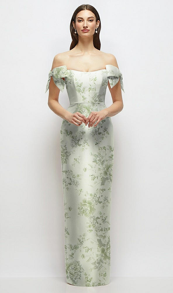 Front View - Sage Cottage Rose Basque-Neck Floral Satin Column Maxi Dress with Off-the-Shoulder Bows