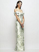Side View Thumbnail - Sage Cottage Rose Basque-Neck Floral Satin Column Maxi Dress with Off-the-Shoulder Bows