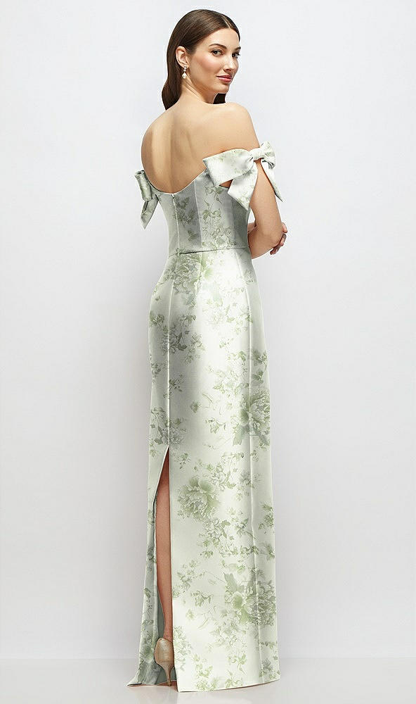 Back View - Sage Cottage Rose Basque-Neck Floral Satin Column Maxi Dress with Off-the-Shoulder Bows