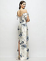 Rear View Thumbnail - Inkwash Blue Floral Basque-Neck Floral Satin Column Maxi Dress with Off-the-Shoulder Bows