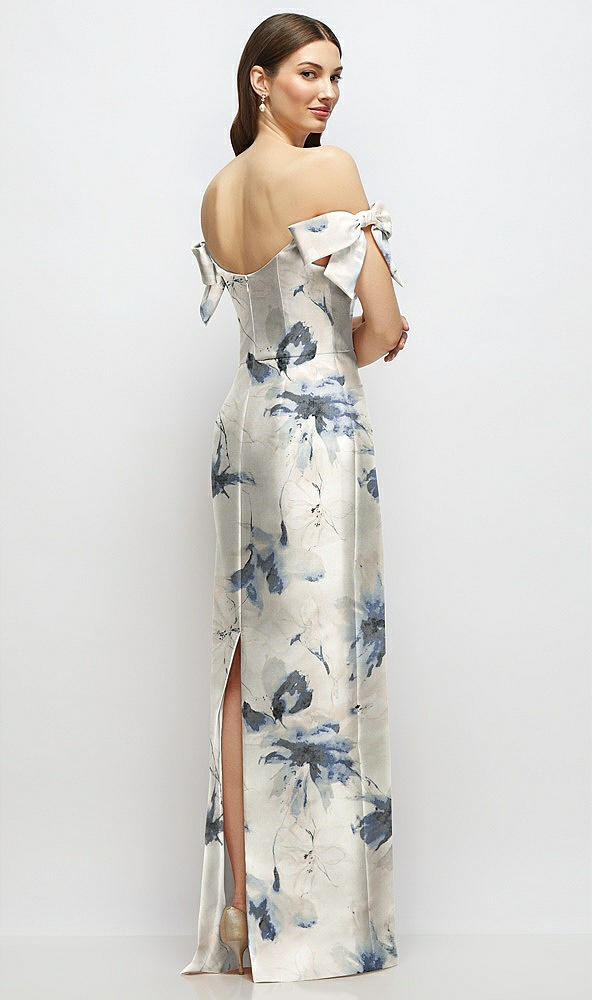 Back View - Inkwash Blue Floral Basque-Neck Floral Satin Column Maxi Dress with Off-the-Shoulder Bows