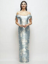 Front View Thumbnail - Porcelain Blue Seraphina Floral Basque-Neck Floral Satin Column Maxi Dress with Off-the-Shoulder Bows