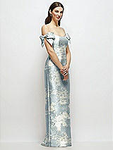 Side View Thumbnail - Porcelain Blue Seraphina Floral Basque-Neck Floral Satin Column Maxi Dress with Off-the-Shoulder Bows