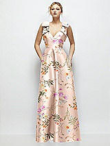 Front View Thumbnail - Butterfly Botanica Pink Sand Deep V-Neck Floral Satin Ball Gown with Shoulder Bows