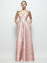 Front View Thumbnail - Bow And Blossom Print Deep V-Neck Floral Satin Ball Gown with Shoulder Bows