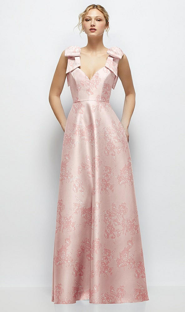 Front View - Bow And Blossom Print Deep V-Neck Floral Satin Ball Gown with Shoulder Bows