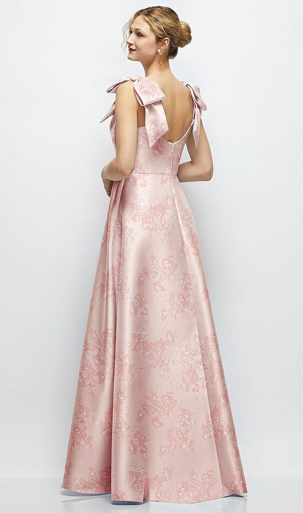 Back View - Bow And Blossom Print Deep V-Neck Floral Satin Ball Gown with Shoulder Bows
