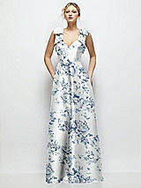 Front View Thumbnail - Cottage Rose Larkspur Deep V-Neck Floral Satin Ball Gown with Shoulder Bows