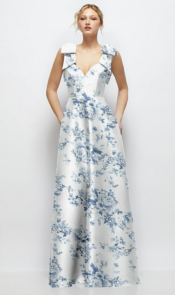 Front View - Cottage Rose Larkspur Deep V-Neck Floral Satin Ball Gown with Shoulder Bows