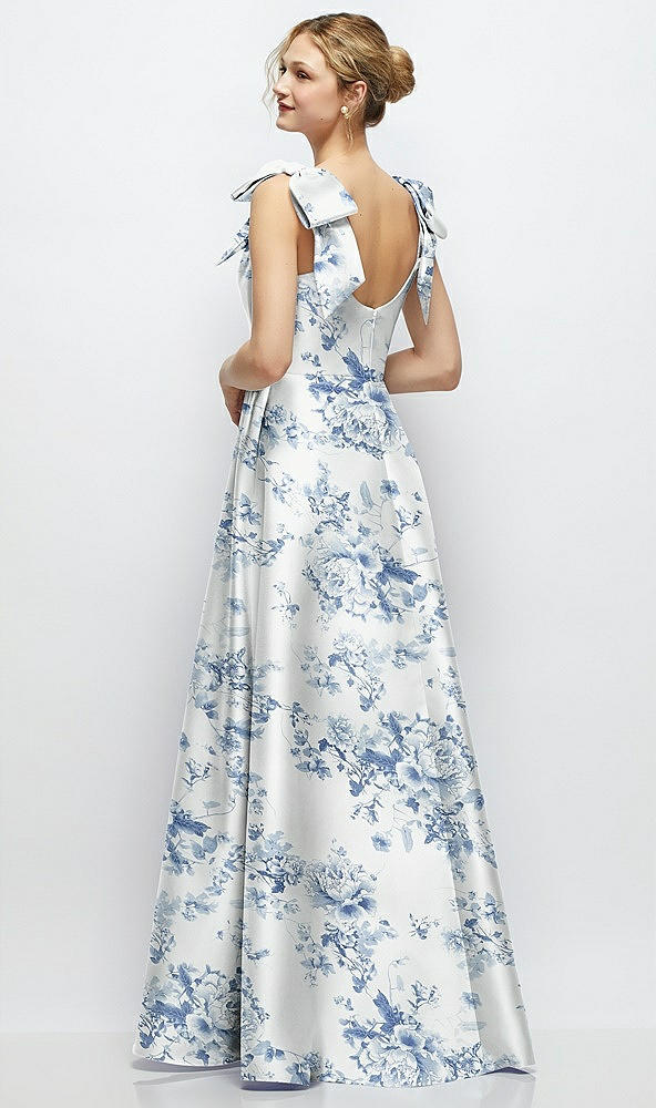 Back View - Cottage Rose Larkspur Deep V-Neck Floral Satin Ball Gown with Shoulder Bows
