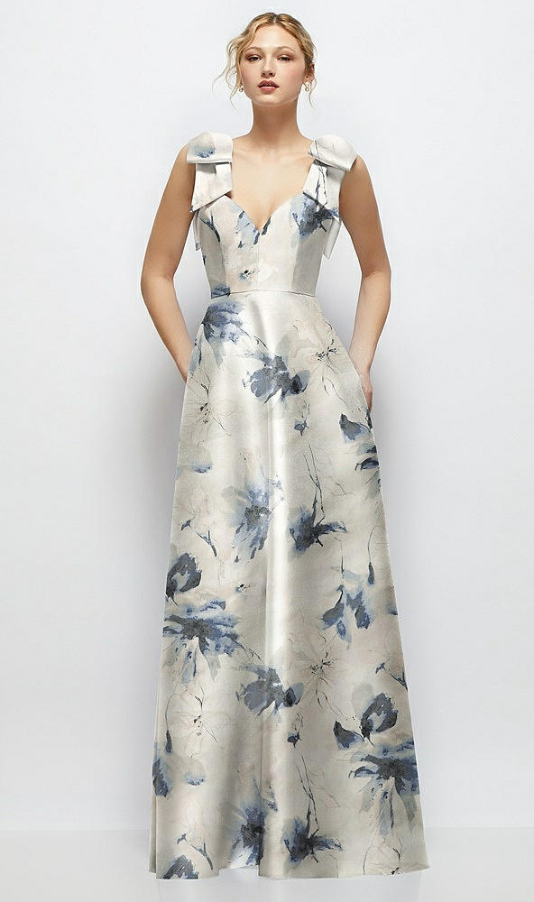 Front View - Inkwash Blue Floral Deep V-Neck Floral Satin Ball Gown with Shoulder Bows