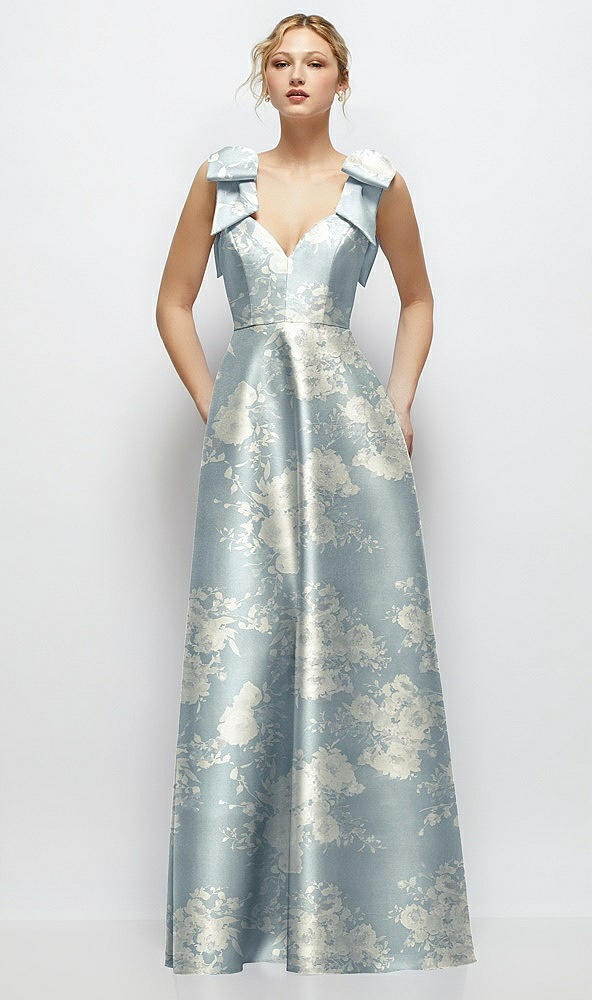 Front View - Porcelain Blue Seraphina Floral Deep V-Neck Floral Satin Ball Gown with Shoulder Bows