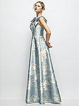 Side View Thumbnail - Porcelain Blue Seraphina Floral Deep V-Neck Floral Satin Ball Gown with Shoulder Bows