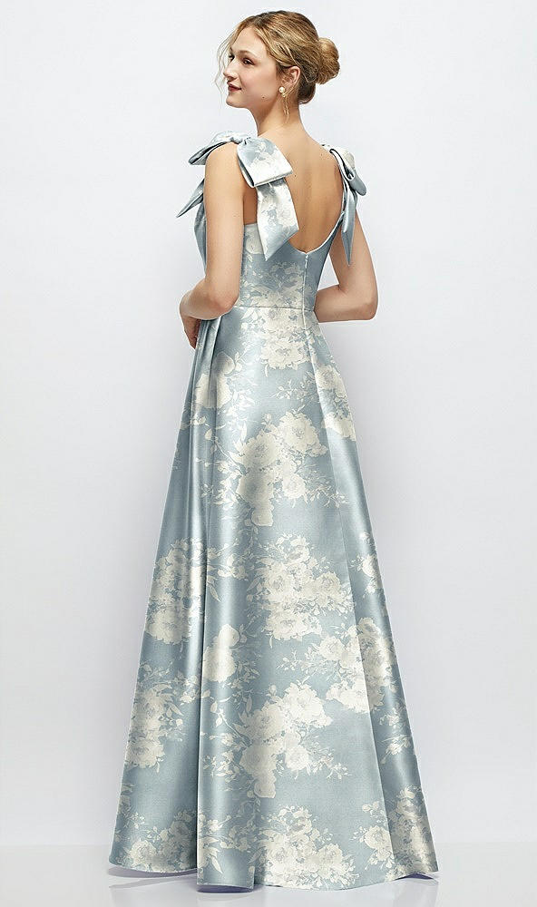 Back View - Porcelain Blue Seraphina Floral Deep V-Neck Floral Satin Ball Gown with Shoulder Bows