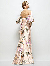 Rear View Thumbnail - Butterfly Botanica Pink Sand Off-the-Shoulder Puff Sleeve Floral Satin Maxi Dress with Flared Skirt