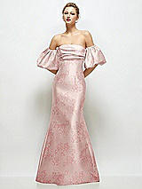 Front View Thumbnail - Bow And Blossom Print Off-the-Shoulder Puff Sleeve Floral Satin Maxi Dress with Flared Skirt