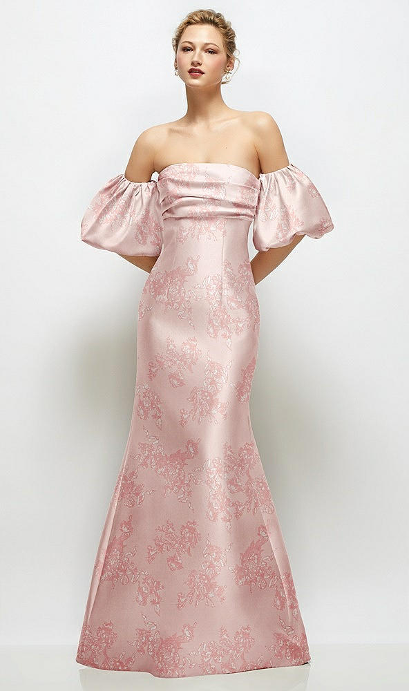 Front View - Bow And Blossom Print Off-the-Shoulder Puff Sleeve Floral Satin Maxi Dress with Flared Skirt
