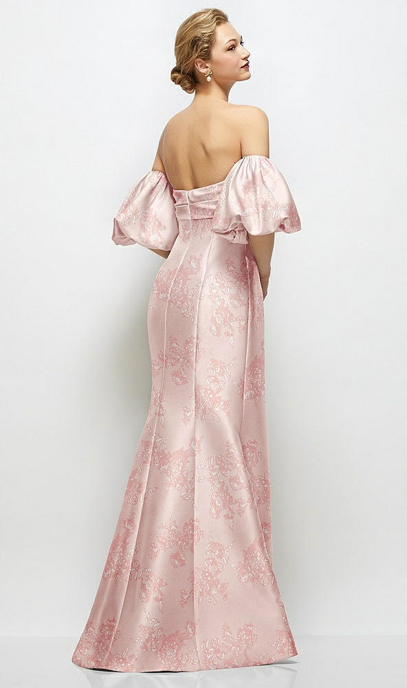 Back View - Bow And Blossom Print Off-the-Shoulder Puff Sleeve Floral Satin Maxi Dress with Flared Skirt