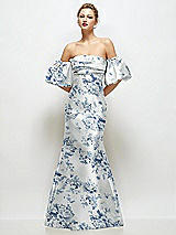 Front View Thumbnail - Cottage Rose Larkspur Off-the-Shoulder Puff Sleeve Floral Satin Maxi Dress with Flared Skirt