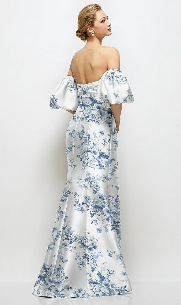 Back View - Cottage Rose Larkspur Off-the-Shoulder Puff Sleeve Floral Satin Maxi Dress with Flared Skirt