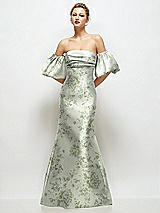 Front View Thumbnail - Sage Cottage Rose Off-the-Shoulder Puff Sleeve Floral Satin Maxi Dress with Flared Skirt