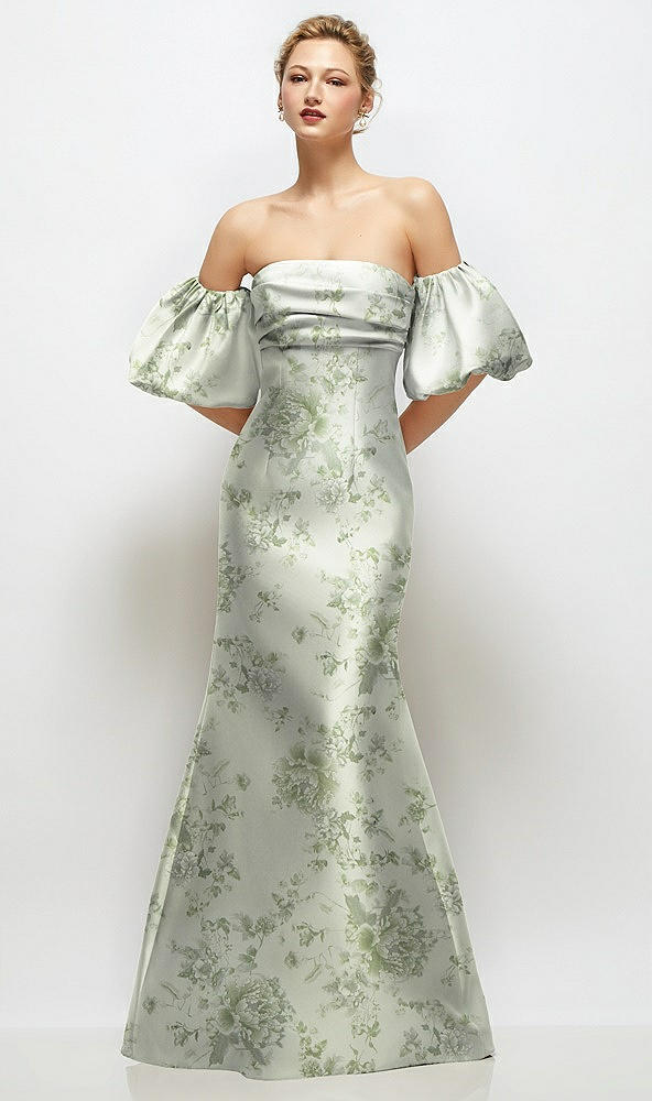 Front View - Sage Cottage Rose Off-the-Shoulder Puff Sleeve Floral Satin Maxi Dress with Flared Skirt
