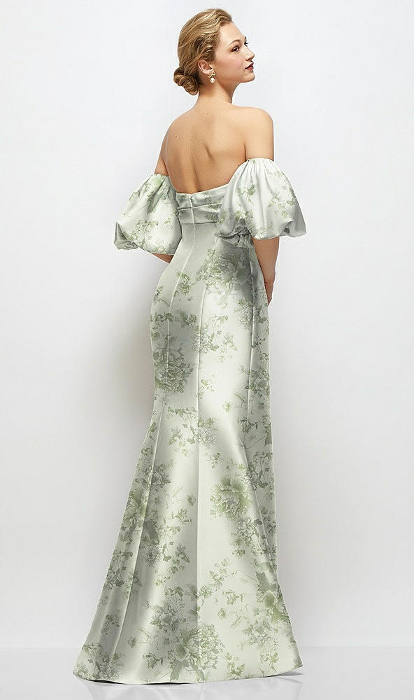 Back View - Sage Cottage Rose Off-the-Shoulder Puff Sleeve Floral Satin Maxi Dress with Flared Skirt