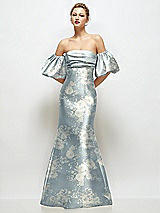 Front View Thumbnail - Porcelain Blue Seraphina Floral Off-the-Shoulder Puff Sleeve Floral Satin Maxi Dress with Flared Skirt