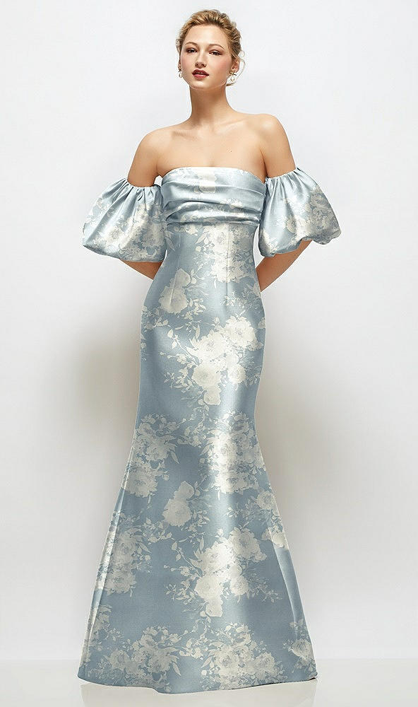 Front View - Porcelain Blue Seraphina Floral Off-the-Shoulder Puff Sleeve Floral Satin Maxi Dress with Flared Skirt