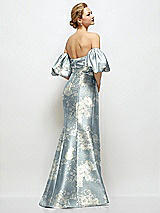 Rear View Thumbnail - Porcelain Blue Seraphina Floral Off-the-Shoulder Puff Sleeve Floral Satin Maxi Dress with Flared Skirt