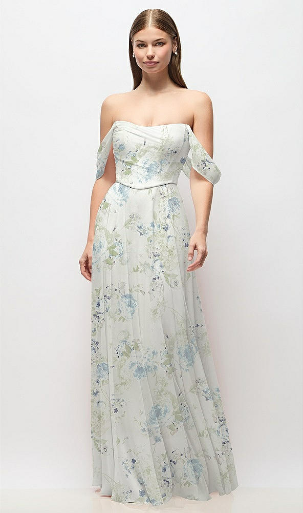 Front View - Bleu Garden Off-the-Shoulder Basque Corset Floral Chiffon Maxi Dress