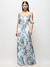 Front View Thumbnail - Cottage Rose Dusk Blue Off-the-Shoulder Basque Corset Floral Chiffon Maxi Dress