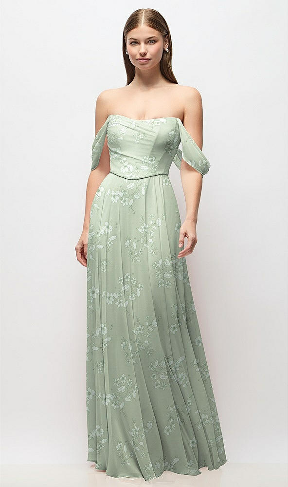 Front View - Vintage Primrose Sage Off-the-Shoulder Basque Corset Floral Chiffon Maxi Dress