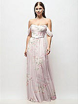 Front View Thumbnail - Watercolor Print Off-the-Shoulder Basque Corset Floral Chiffon Maxi Dress