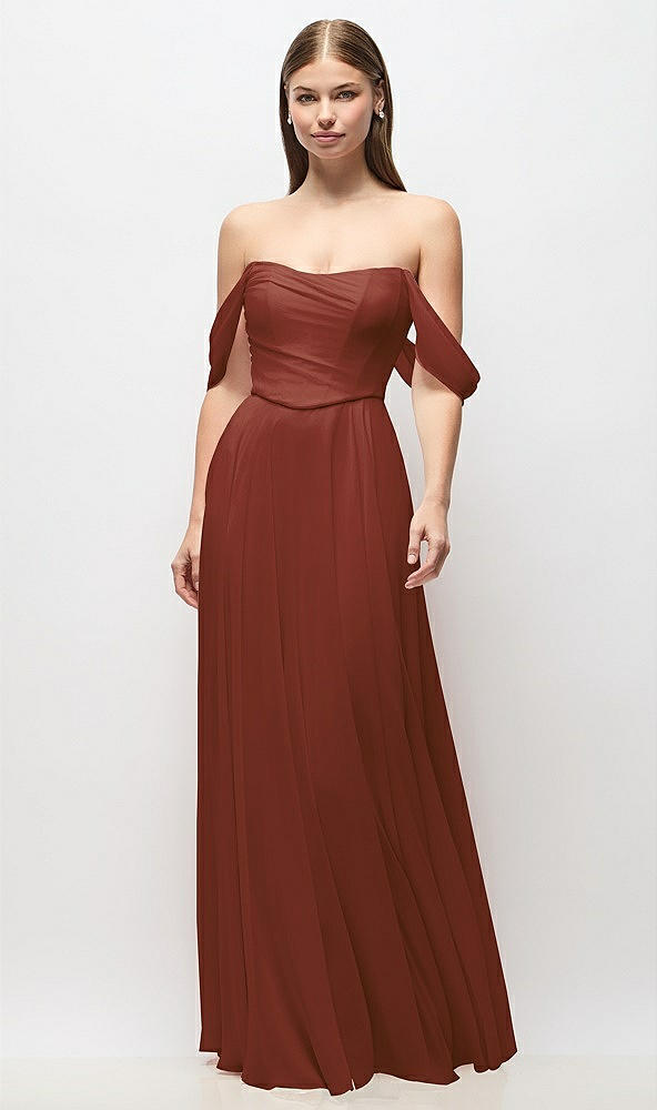 Front View - Auburn Moon Off-the-Shoulder Basque Corset Chiffon Maxi Dress