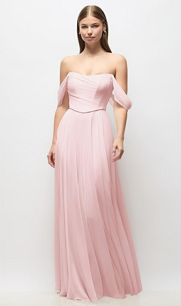 Front View - Ballet Pink Off-the-Shoulder Basque Corset Chiffon Maxi Dress