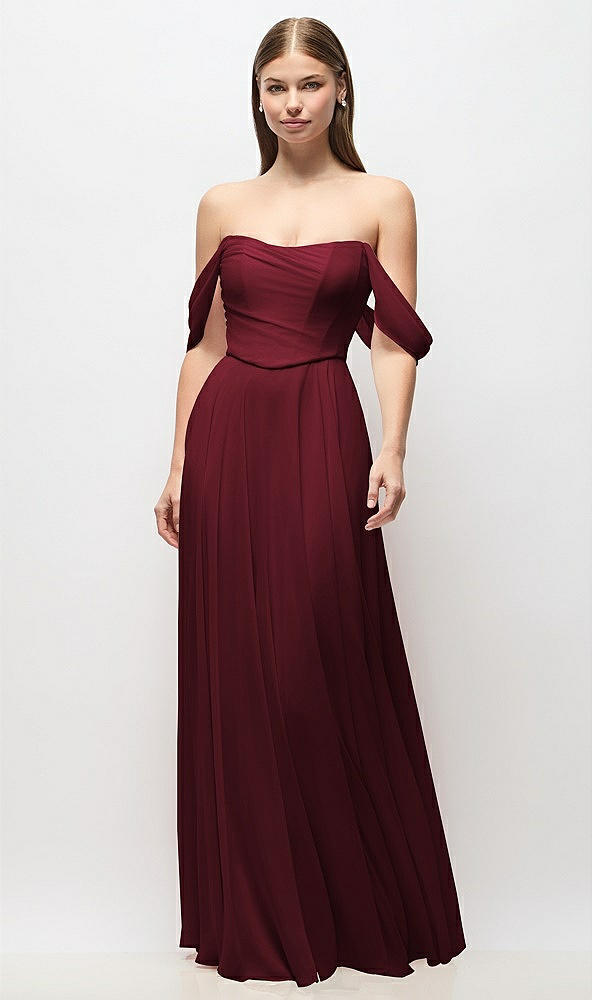 Front View - Cabernet Off-the-Shoulder Basque Corset Chiffon Maxi Dress