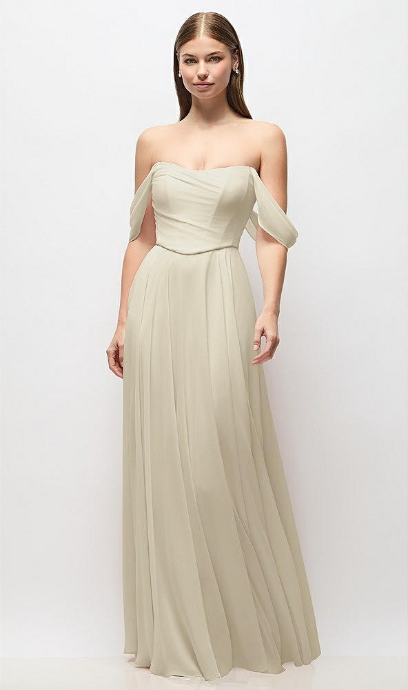 Front View - Champagne Off-the-Shoulder Basque Corset Chiffon Maxi Dress