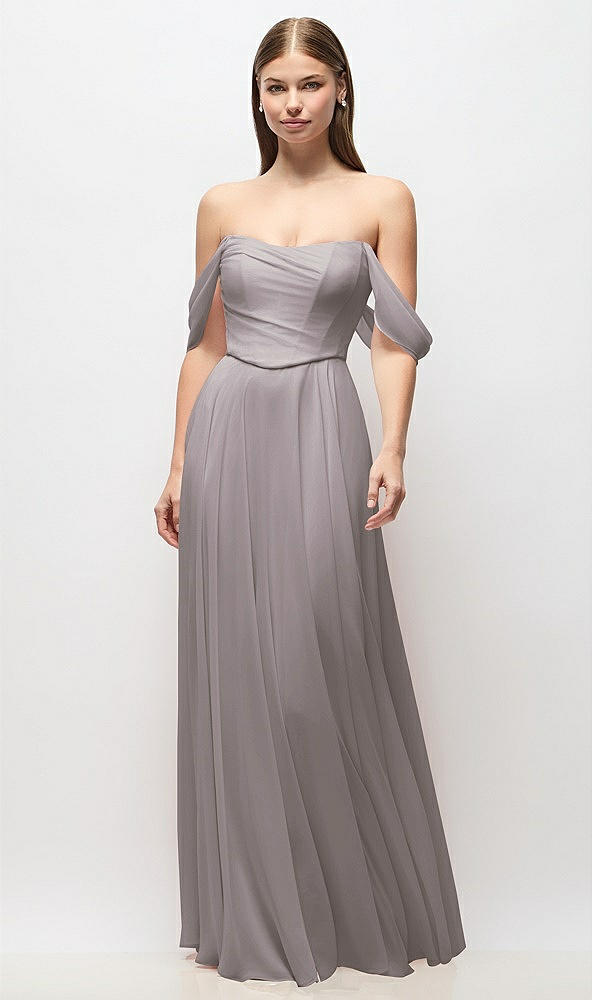 Front View - Cashmere Gray Off-the-Shoulder Basque Corset Chiffon Maxi Dress